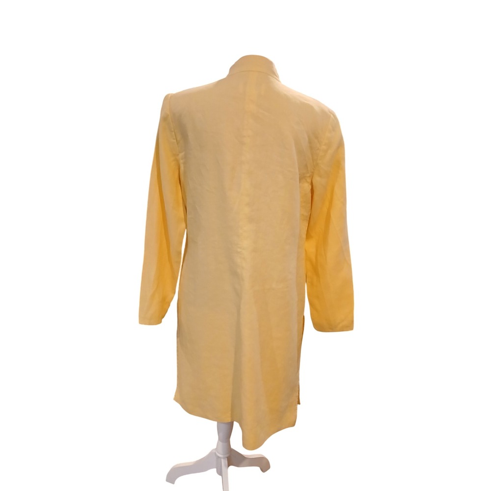 Linen Yellow Open Duster Jacket Mandarin Collar Long Sleeve Side Slit Blazer - Picture 5 of 14